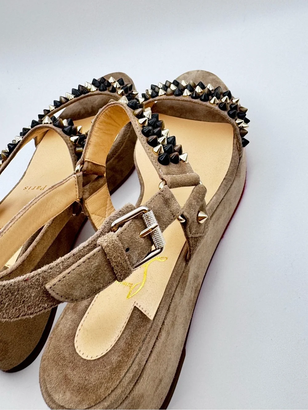 Christian Louboutin Bikee Deck 60 Studded Suede Wedge Sandals Grege 38